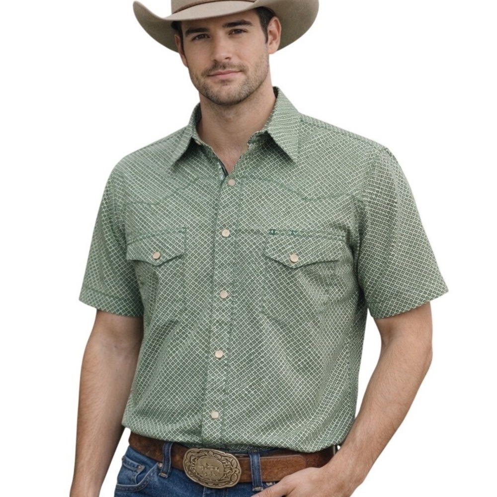 Wrangler Men's Green Pearl Snap Wrancher Western Short Sleeve‎ Shirt Size Medium